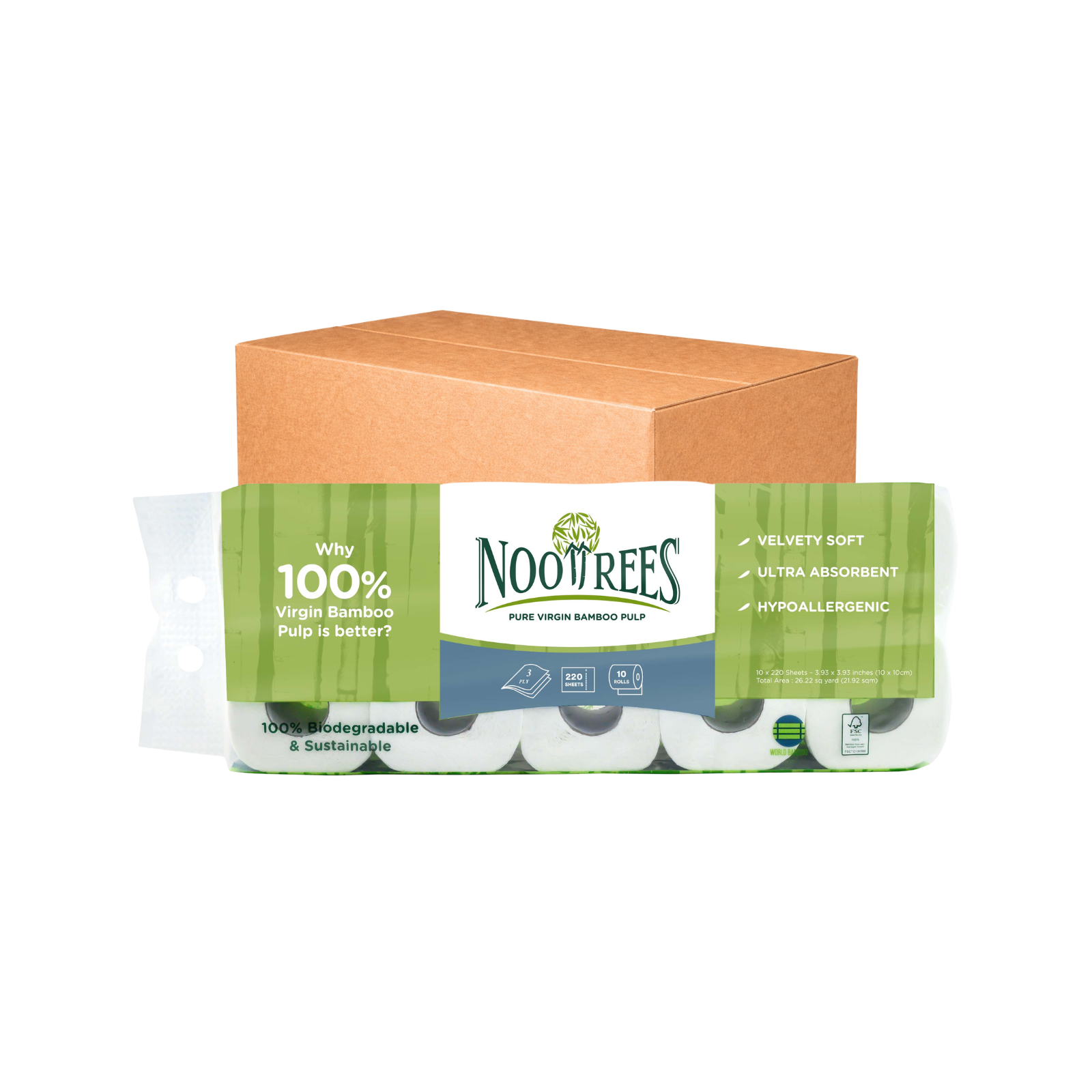 NooTrees Bamboo 3-Ply Bathroom Rolls (10 Rolls x 220 Sheets) x 10